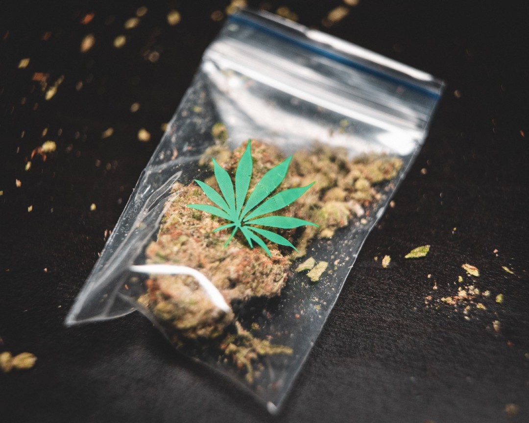 Ein typisches 1g-Tüten mit Cannabis-Blatt-Aufdruck und Inhalt