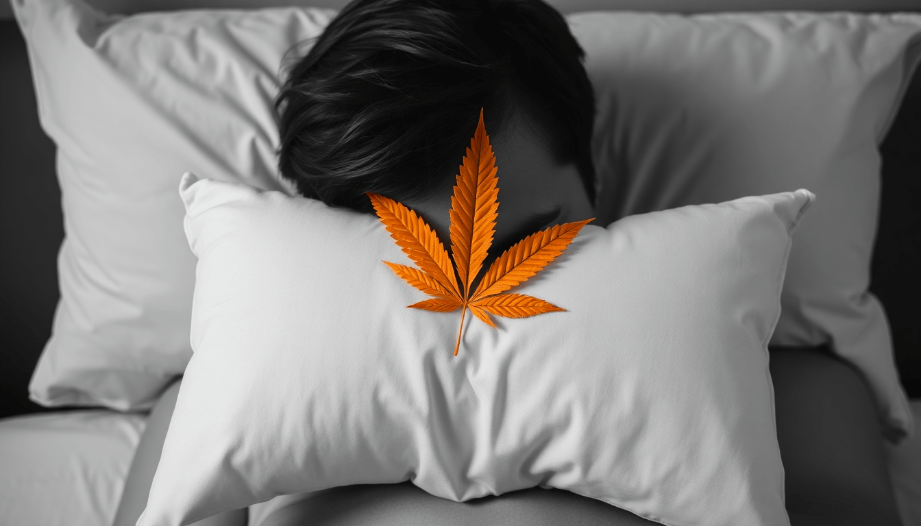 Auf dem Schwarz-Weiß-Bild ist ein Mann zu sehen, der auf einem Kissen liegt. Ein weiteres Kissen liegt auf seinem Gesicht und auf dem Kissen befindet sich ein orangefarbenes Cannabisblatt, was zur Frage des Artikels gehört, ob Cannabis gegen Schlafstörungen helfen kann.
