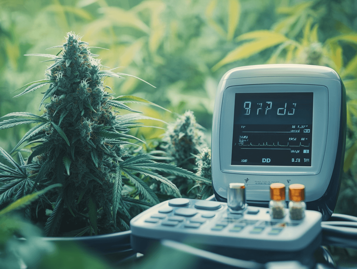Auf dem futuristischen, grün gehaltenen Bild ist rechts ein modernes Blutdruckmessgerät und links Cannabispflanzen zu sehen.