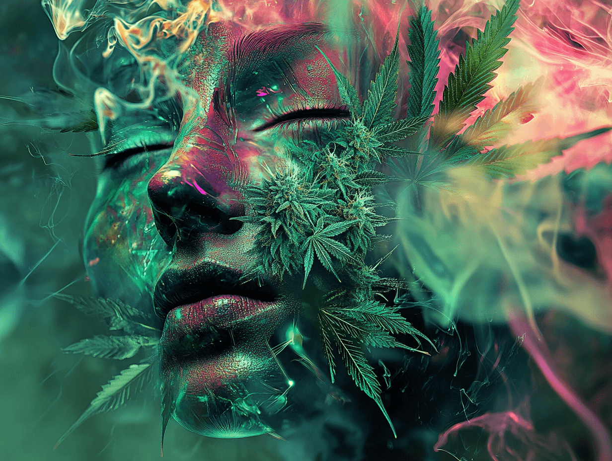 Auf dem futuristischen, grün gehaltenen Bild ist ein Frauengesicht mit geschlossenen Augen zu sehen, das umgeben von Cannabis und Rauch ist.