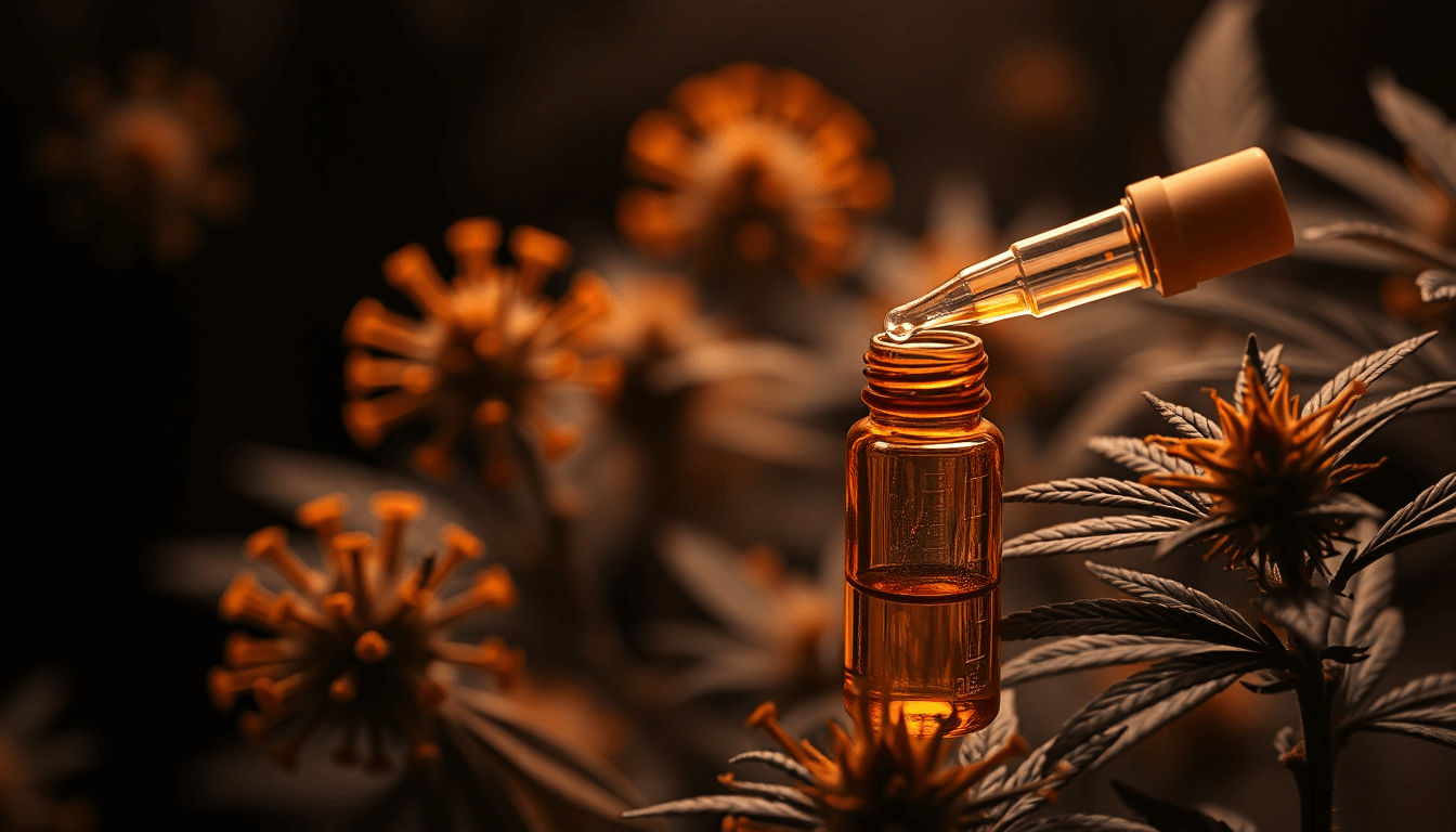 Auf dem schwarz-orangefarbenen Bild sind Cannabispflanzen, Krebszellen und ein Pipettenfläschen zu sehen, da es hier um Cannabis-Extrakte gegen Krebs geht.