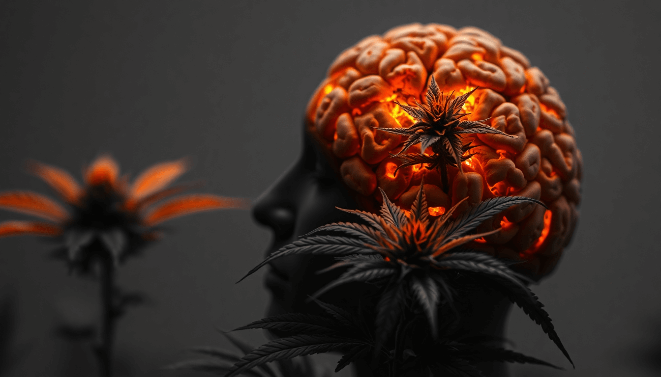 Auf dem Schwarz-weiß-Bild ist das seitliche Profil eines Kopfes zu sehen. Das Gehirn leuchtet Orange und davor befinden sich Cannabispflanzen.