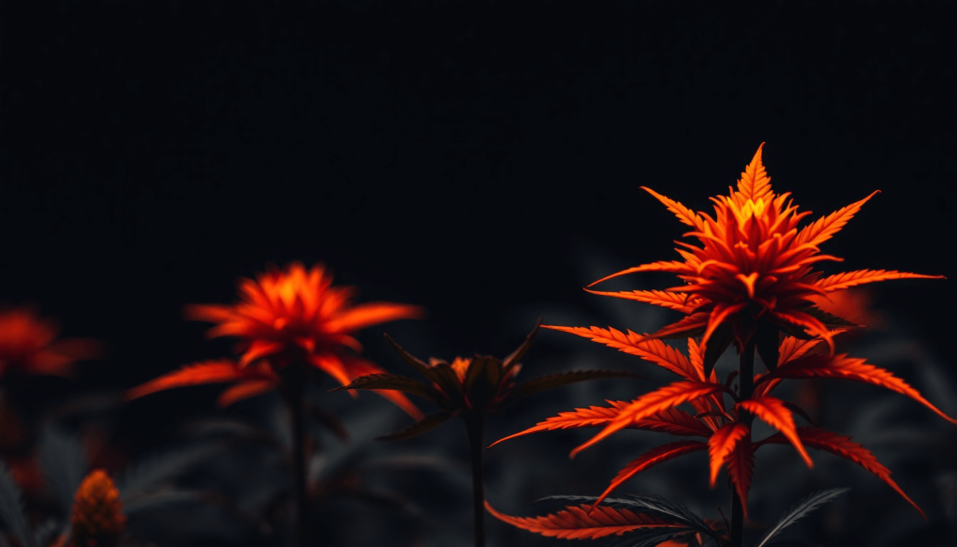Auf dem Bild sind die Köpfe von Cannabispflanzen in leuchtendem Orange vor einem schwarzen Hintergrund zu sehen.