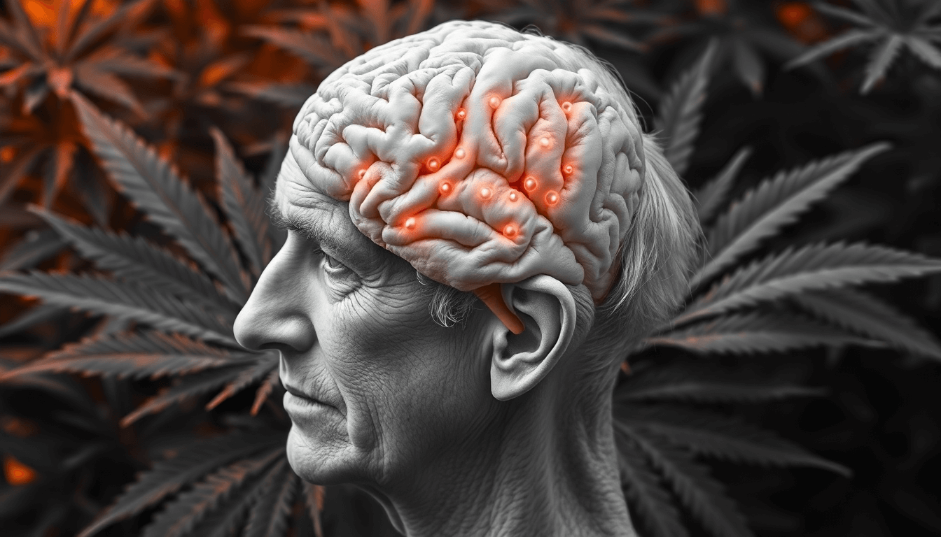Auf dem Schwarz-weiß-Bild sind im Hintergrund Cannabisblätter zu sehen, die leicht orangefarben angleuchtet sind. Im Vordergrund sieht man den Kopf eines alten Mannes und das Gehirn mit seinen Nervenzellen, die bei Morbus Alzheimer absterben.