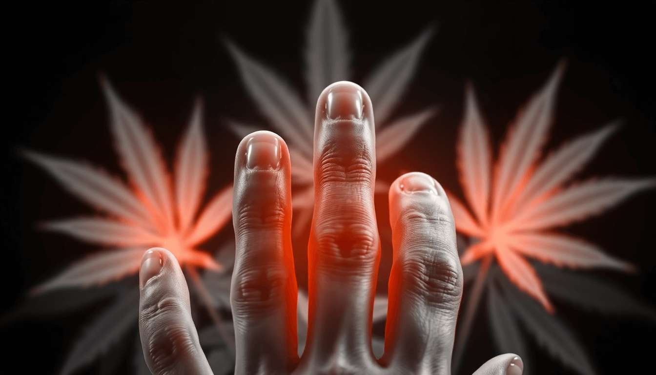 Auf dem Schwarz-weiß-Bild sind im Vordergrund die Finger einer Hand zu sehen und im Hintergrund Cannabisblätter. Mit der Farbe Orange wurden Farbhighlights gesetzt, da es in dem Artikel um rheumatoide Arthritis und Cannabis als Medizin geht.